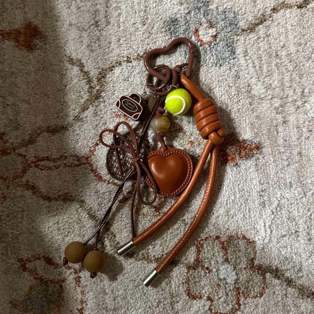 Brown Heart Key Chain Bag Charm, Faux Leather Tassel Beaded, Detachable